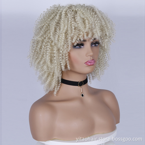 Wholesale Light Blonde Curly Wigs for Women Afro Curly Wigs with Bangs 14 Inch Afro Kinky Loose Curly Wave Synthetic Hair Wigs